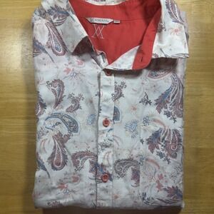 Amiani Blue Coral Paisley Linen‎ Button Up Short Sleeve Summer Shirt Cream XL